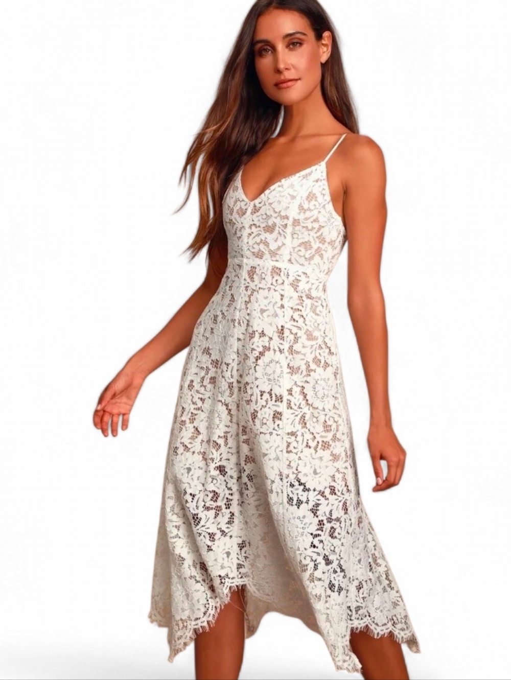 LULU'S One Wish Nude White Lace Overlay Bodycon Midi Dress - Medium